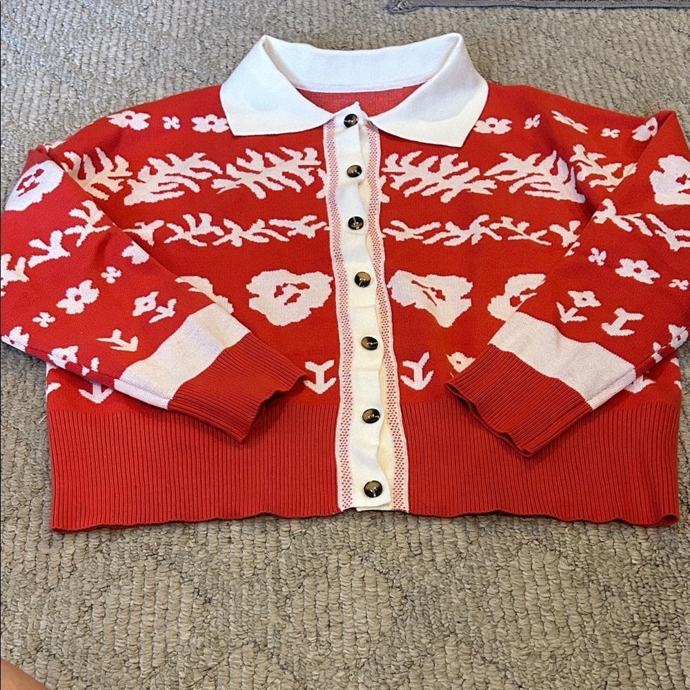 Floral Orange-Red Women's Sweater - Picture 2 of 9